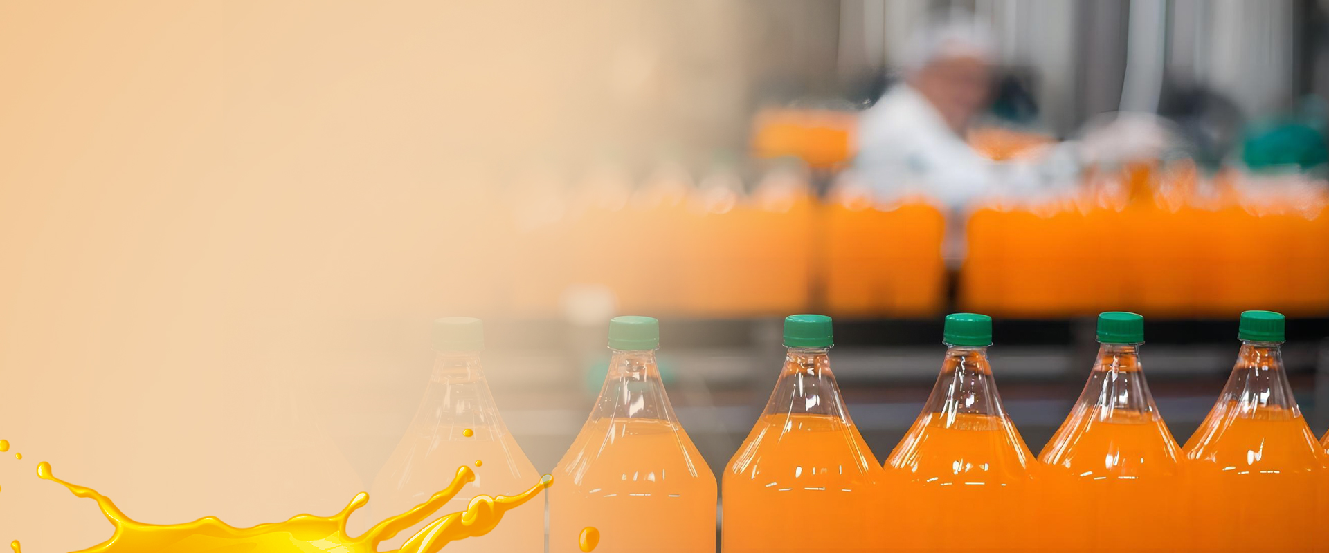 Orange juice production line with bottles 